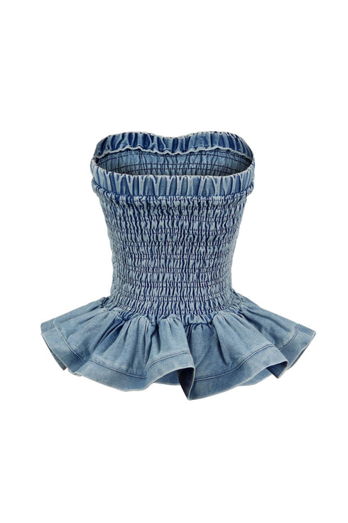 Helena Washed Denim Smocking Tube Top